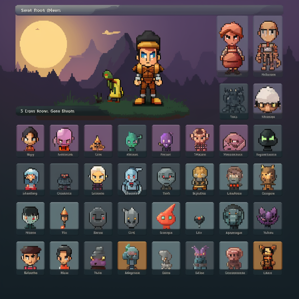 Pixel art of character select menu