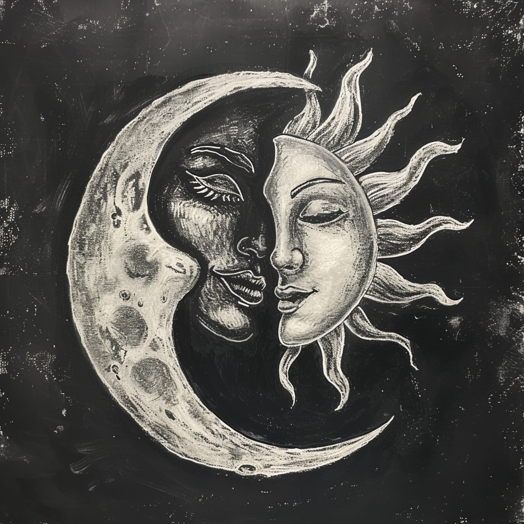 Sun Moon Charcoal Drawing Simple