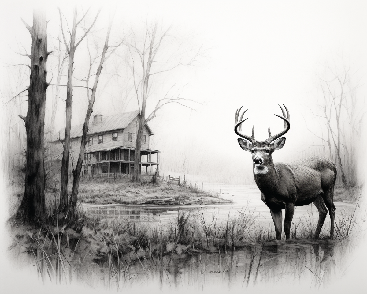 Detailed charcoal art of a double exposure whitetail buck with cabin and woods