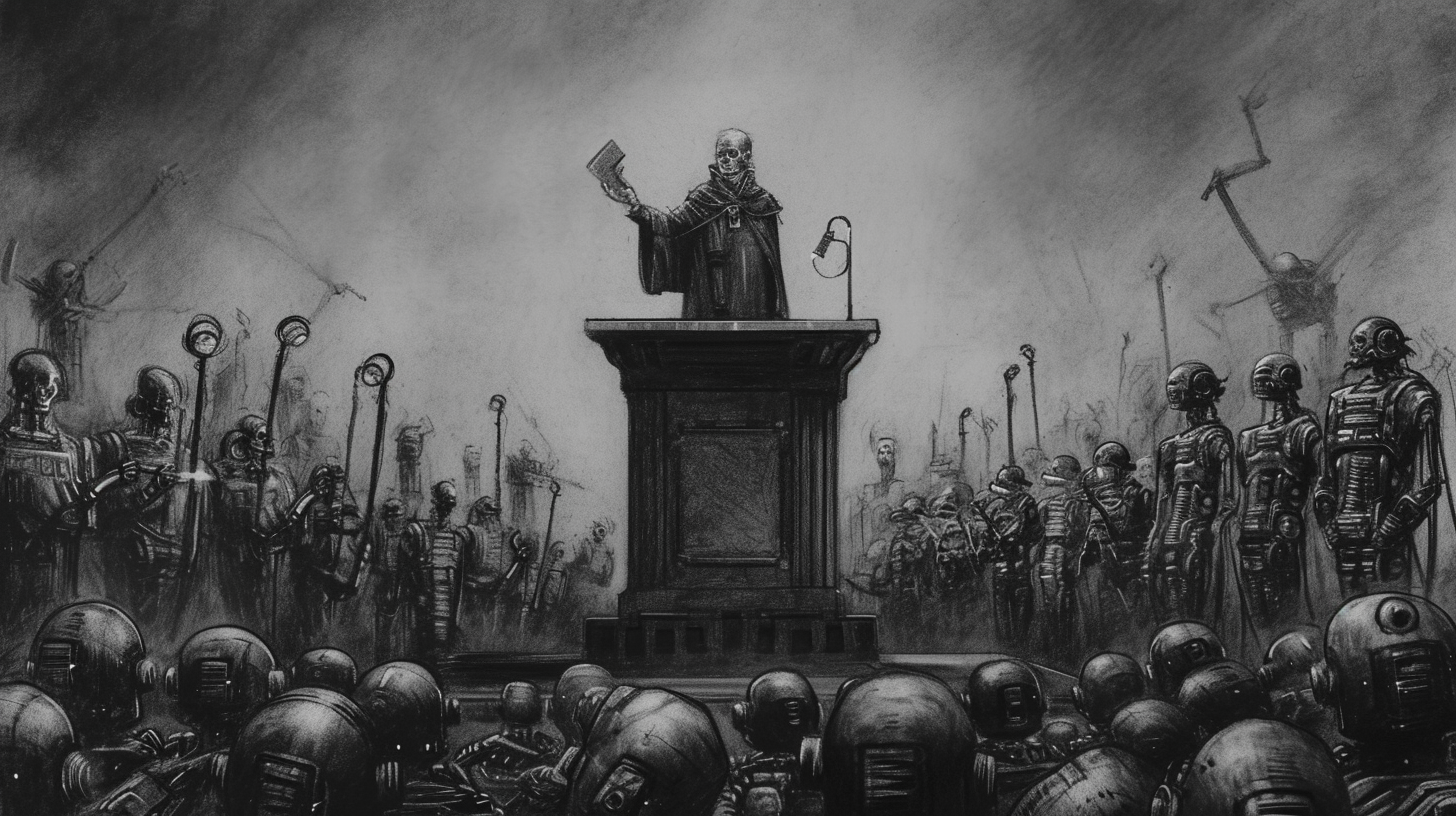 Charcoal drawing of man giving speech to robot army