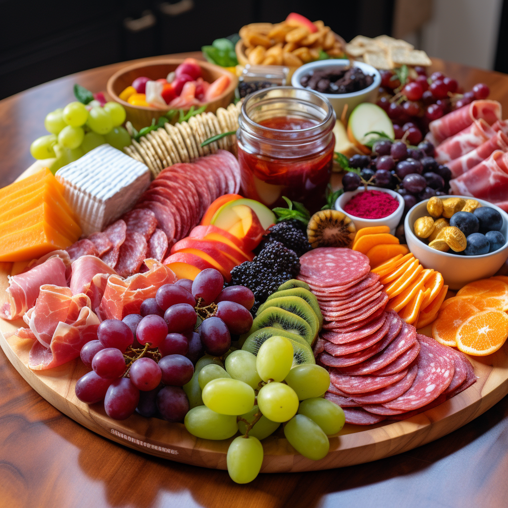 A vibrant charcuterie board with cheese, fruits, and jam