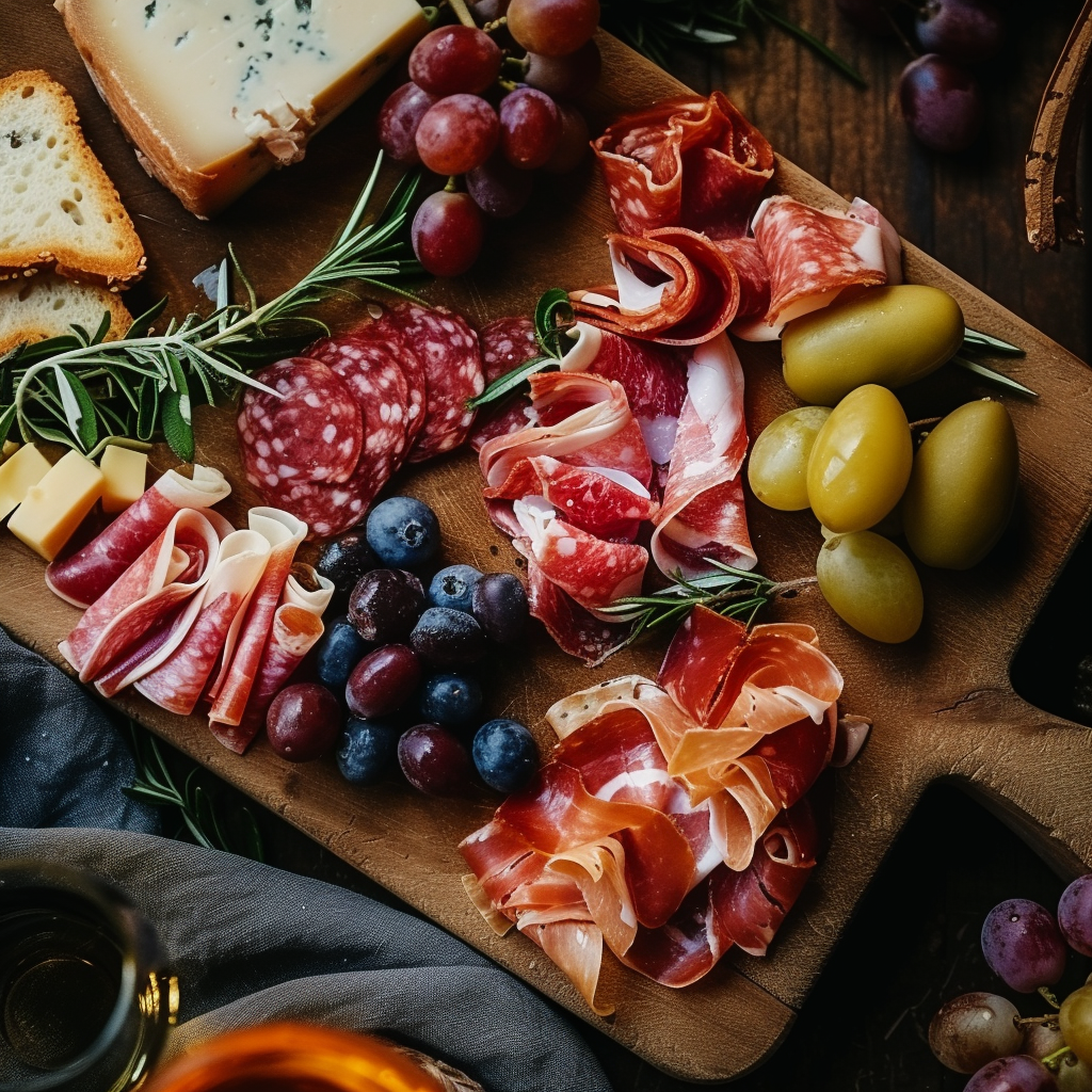 Charcuterie board with assorted meats and cheeses