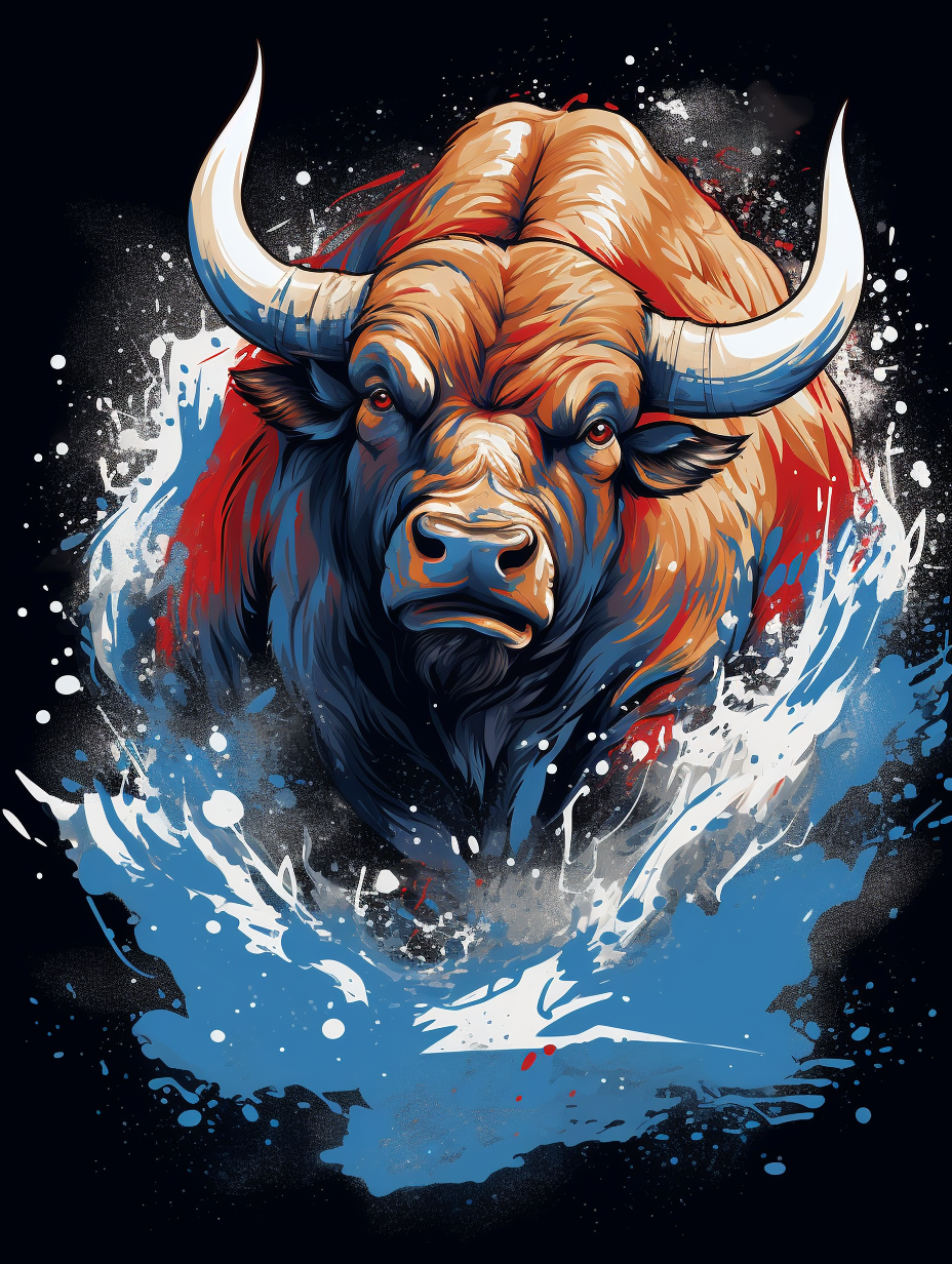 Charging buffalo splash art in red, white, and blue