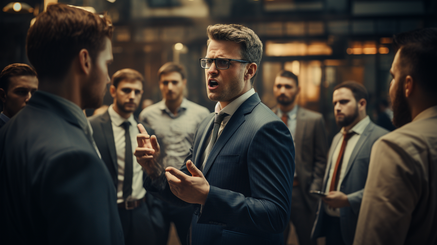 Charismatic businessman arguing with workmates in office