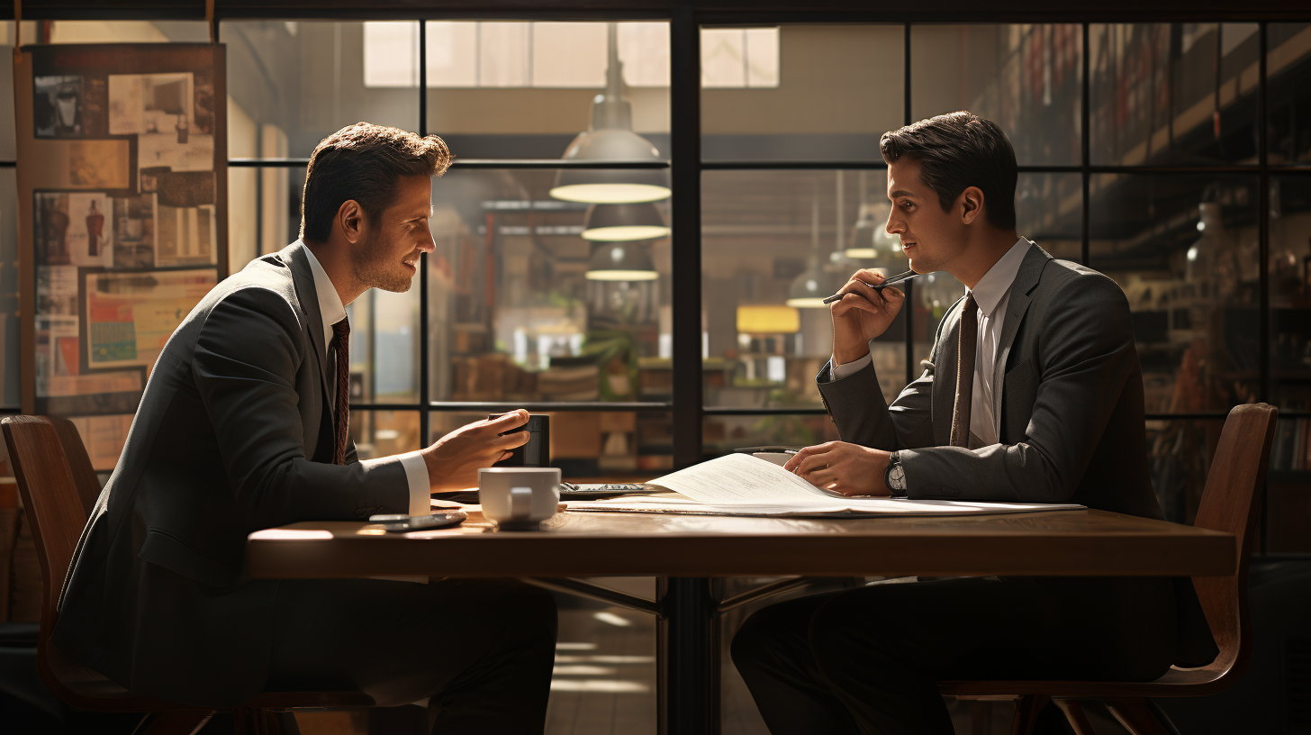 Businessman engaging in office conversation with teammate