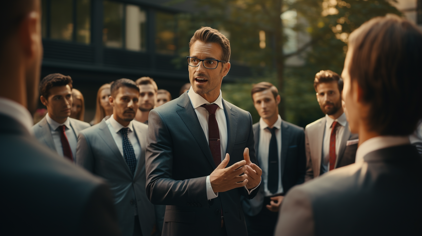 Charismatic businessman leading outdoor team meeting