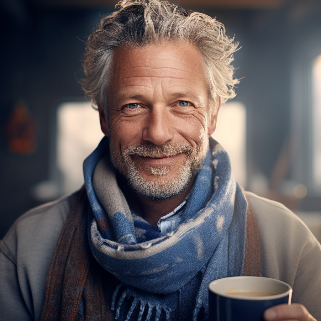 Charismatic man drinking coffee with blue scarf