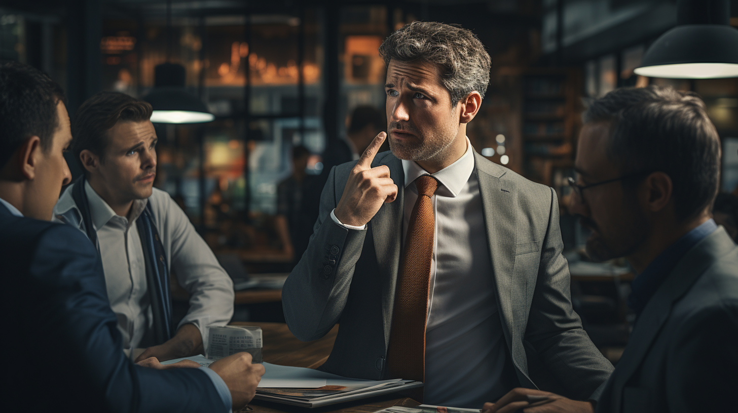 Charismatic businessman talking to workmates in office