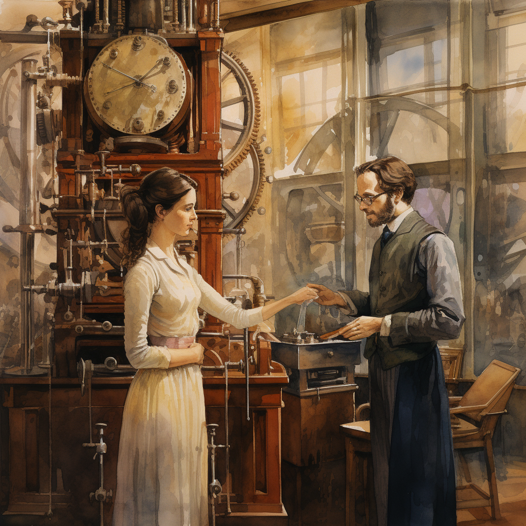 Watercolor painting of Charles Babbage and Ada Lovelace