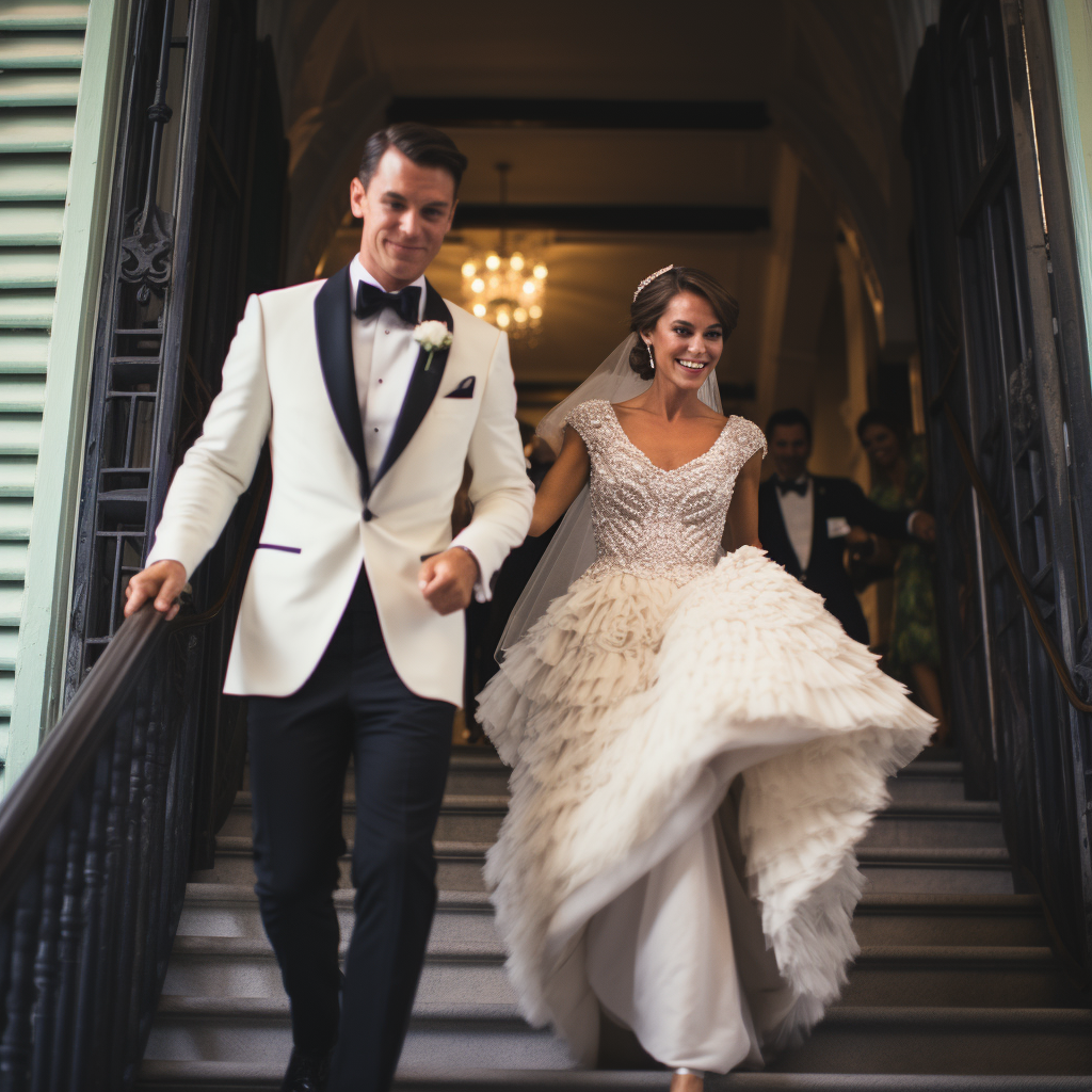 Glamorous bride and groom outside church