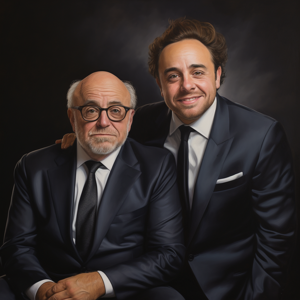 Portrait of Charlie Day and Danny DeVito in suits