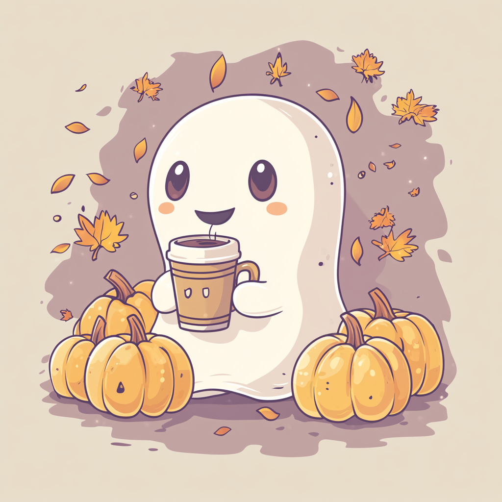 Cute ghost with coffee and pumpkins