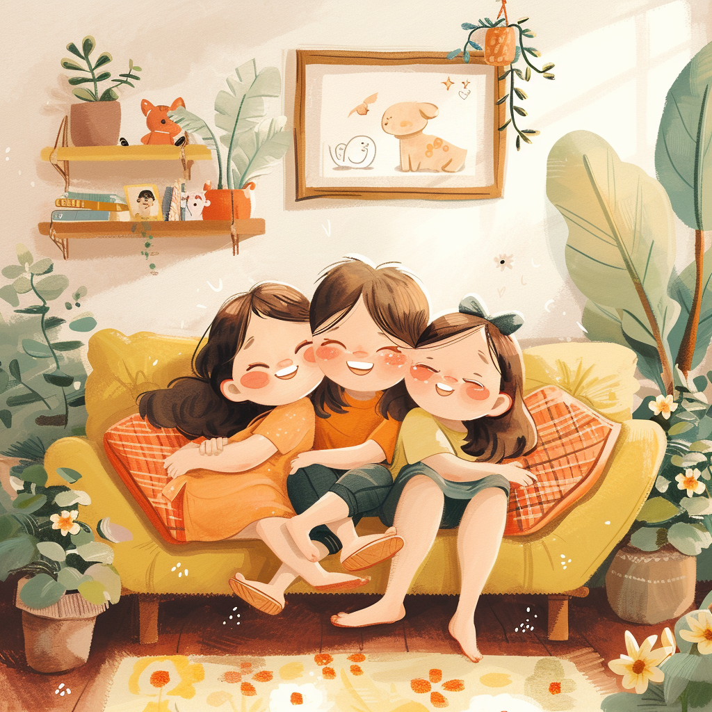 Sisters on Sofa - Kawaii Style