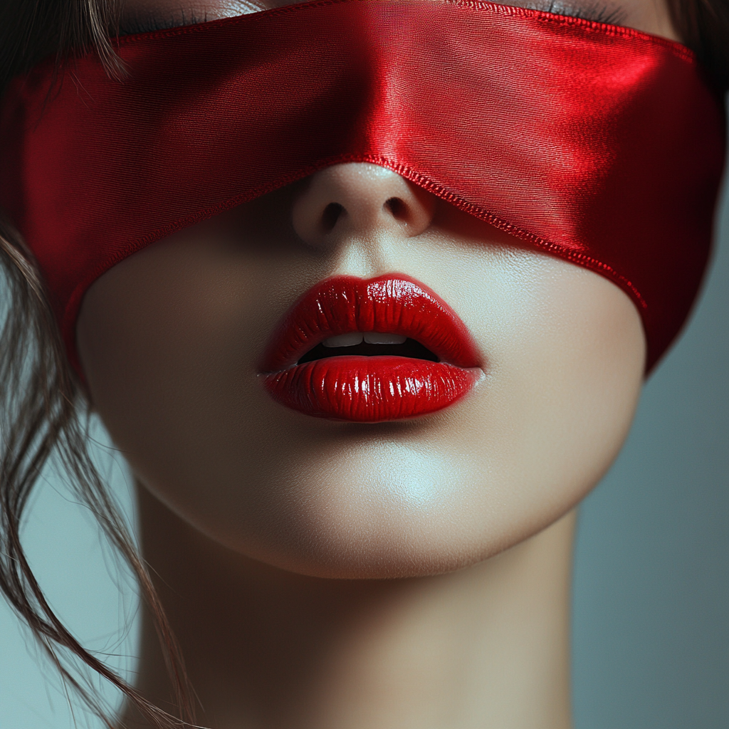 Beautiful woman red blindfold tongue