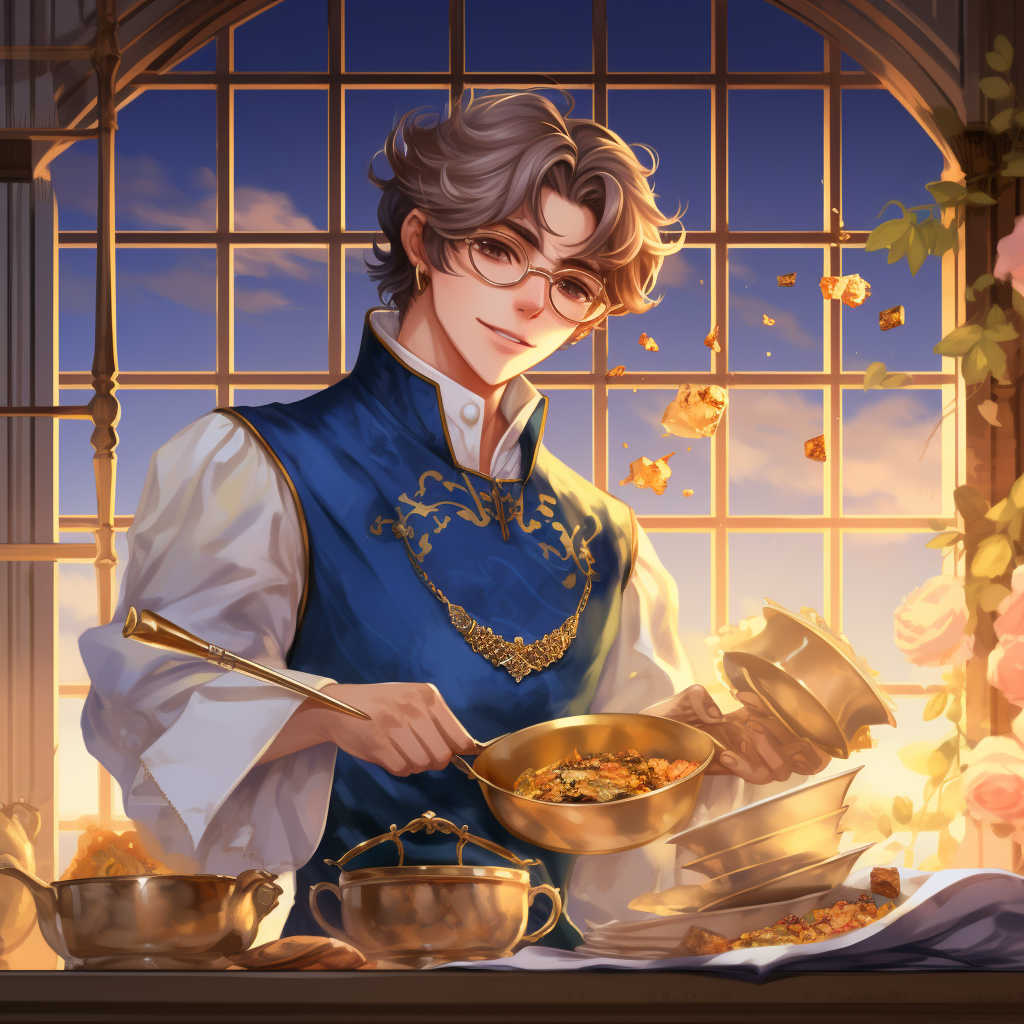 Young Prince Cooking in Painterly Anime Style