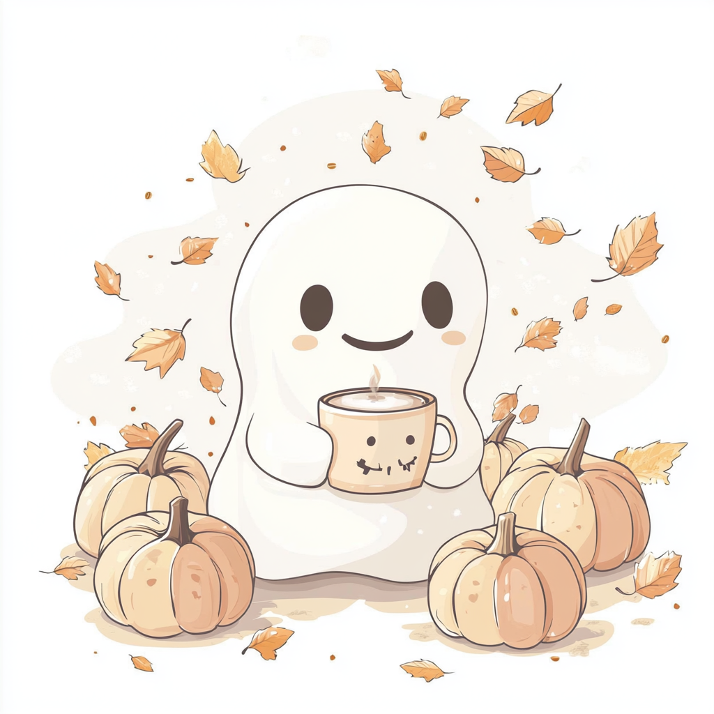 Cute Ghost with Coffee and Pumpkins