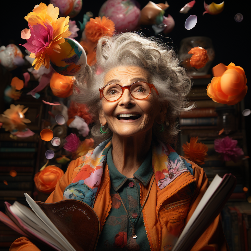 Smiling 65-Year-Old Woman with 3D School Supplies