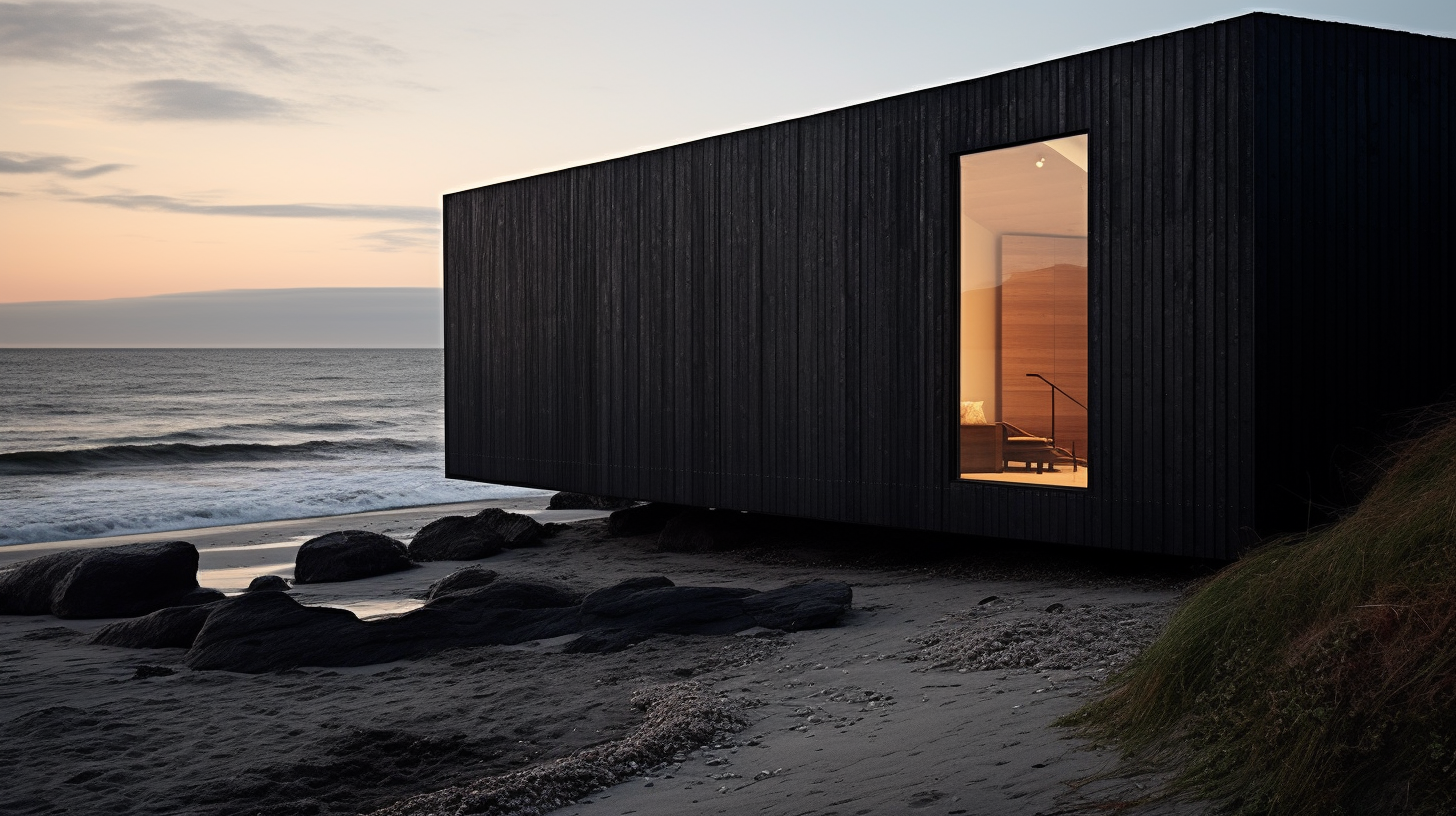 Unique charred wood cabin on the beach