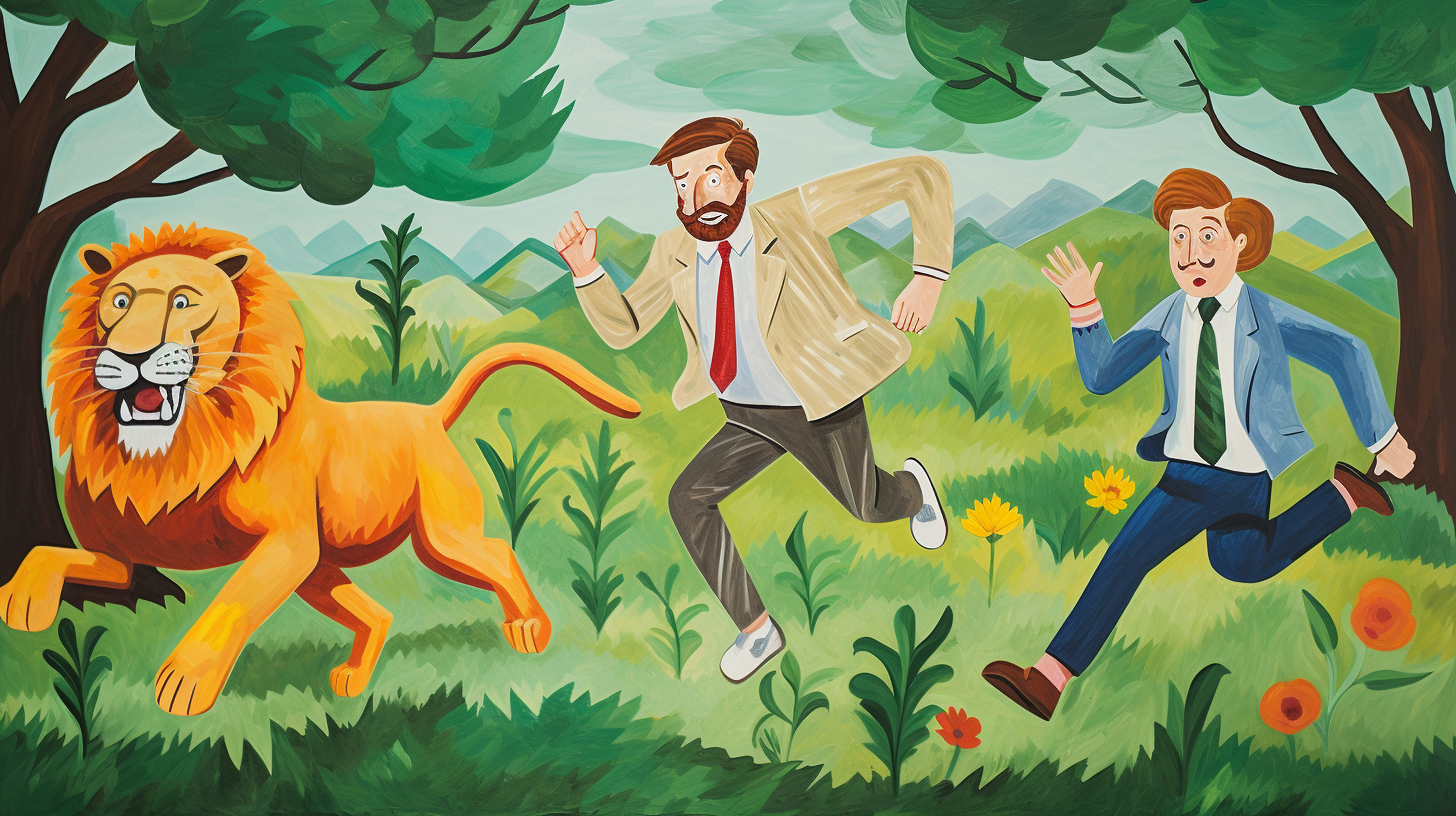 Illustration of businessman chasing leprechaun with lion