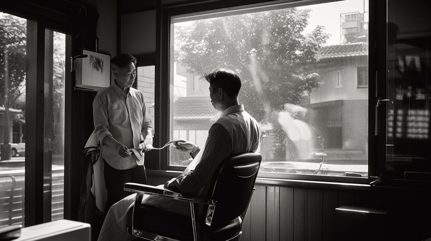 Man chatting with barber during haircut