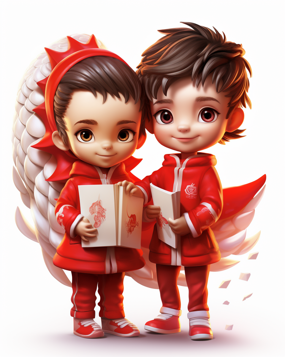 Boy and Girl Holding Red Envelopes in Dragon Costume