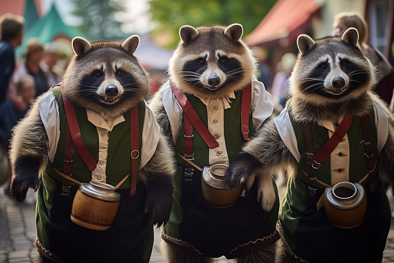 Group of joyful raccoons at Oktoberfest