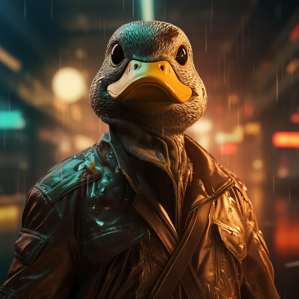 Cheerful mallard duck in Blade Runner