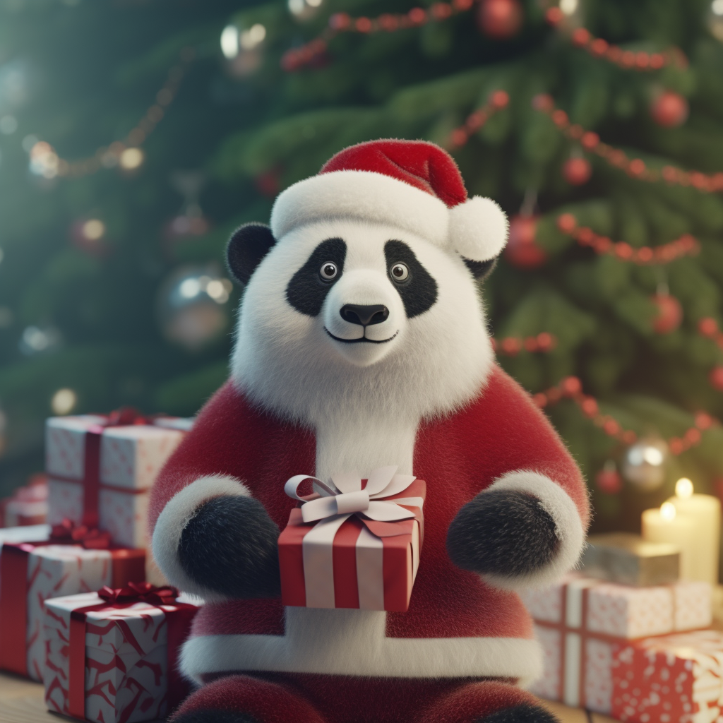 Cheerful panda in Christmas dress and Santa hat