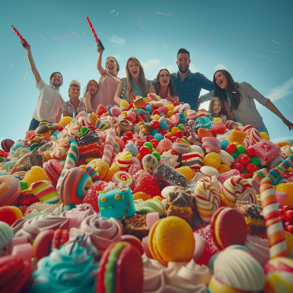 Cheerful people in candy mountain