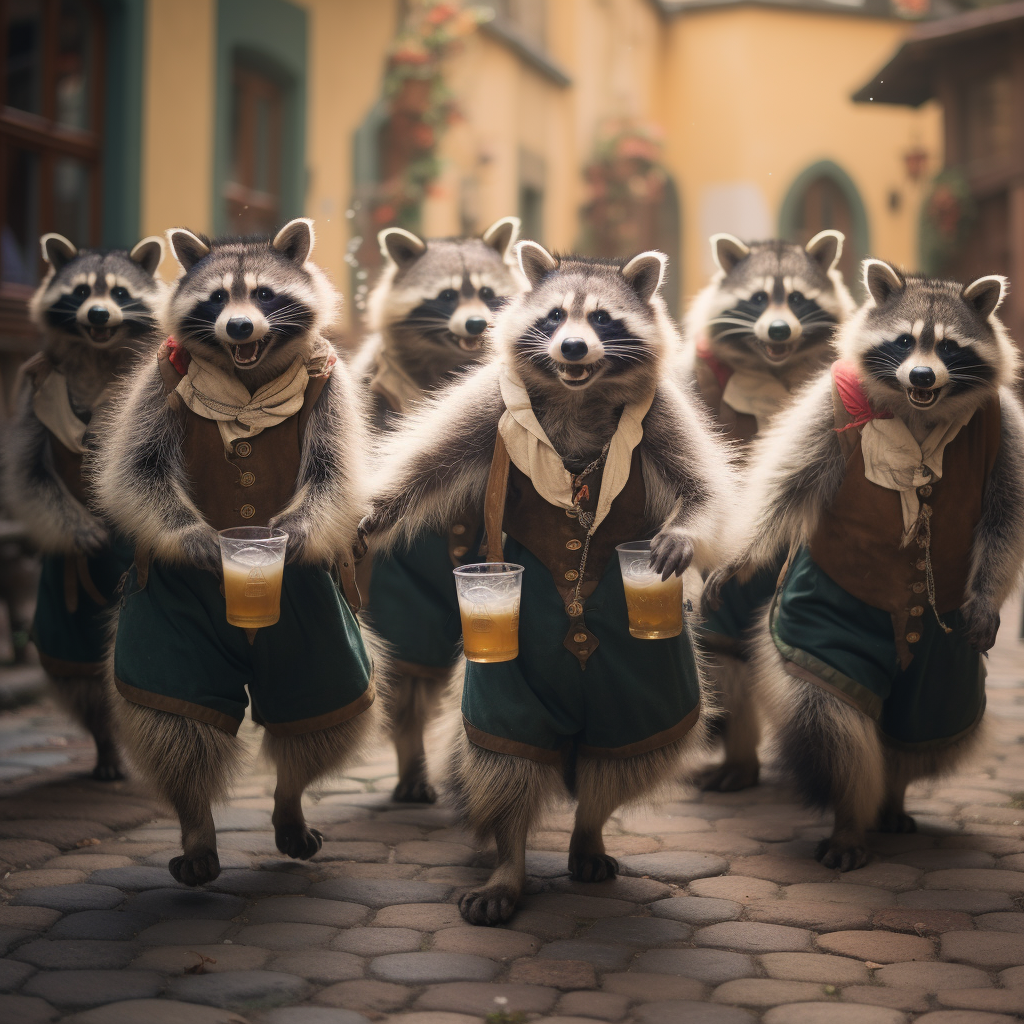 Cheerful raccoons in Bavarian clothing at Oktoberfest