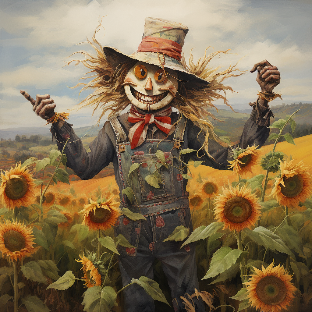 Whimsical cheerful scarecrow in field