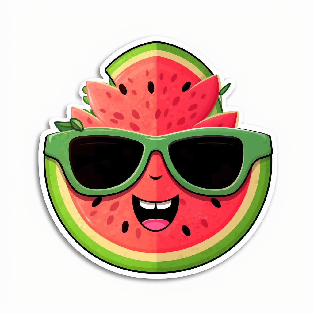 Kawaii watermelon slice sticker with happy face, sunglasses, bees, and flowers