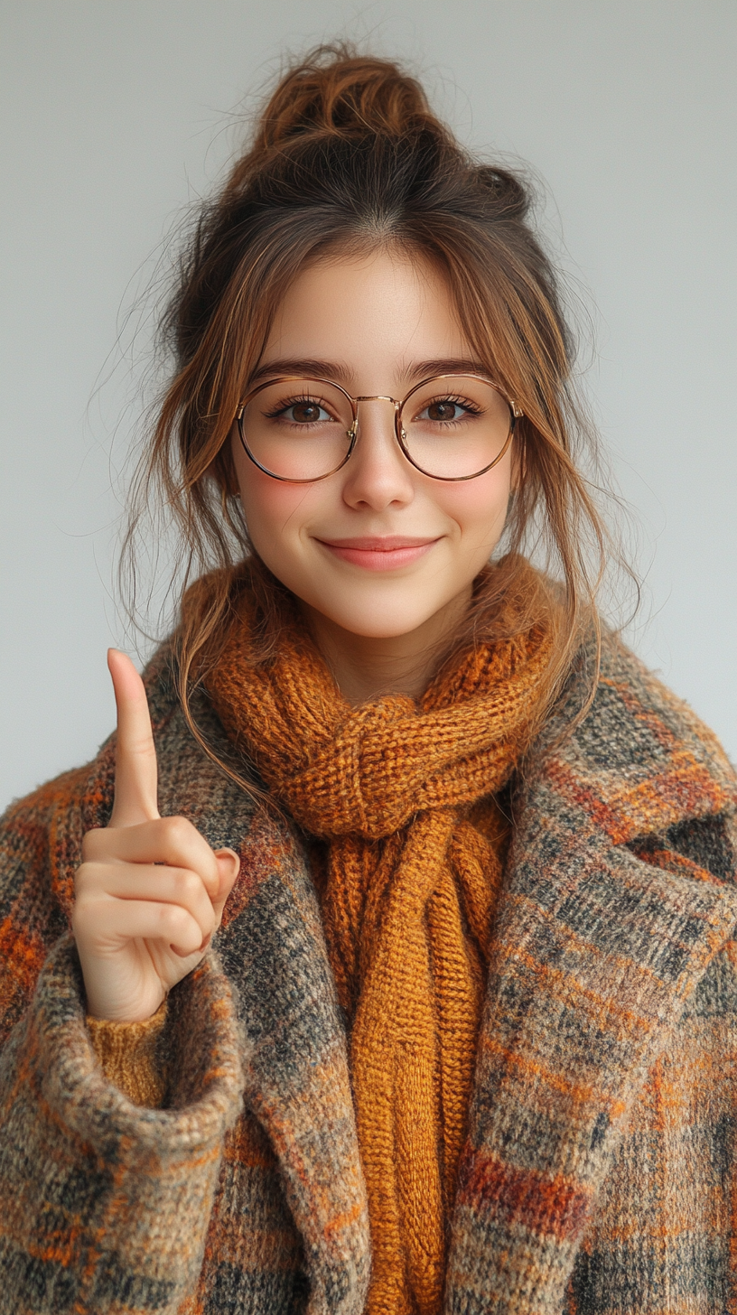 Woman pointing finger white background