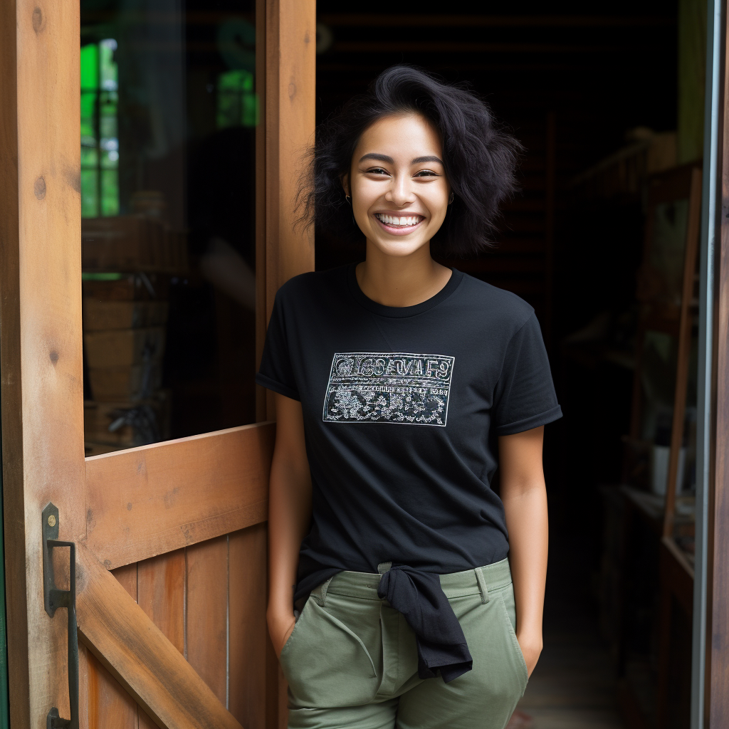 Smiling Malaysian woman by wooden door