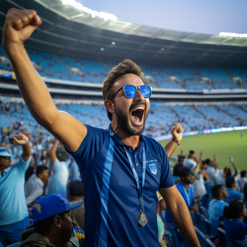 Cheering male model with spectacles in cricket stadium