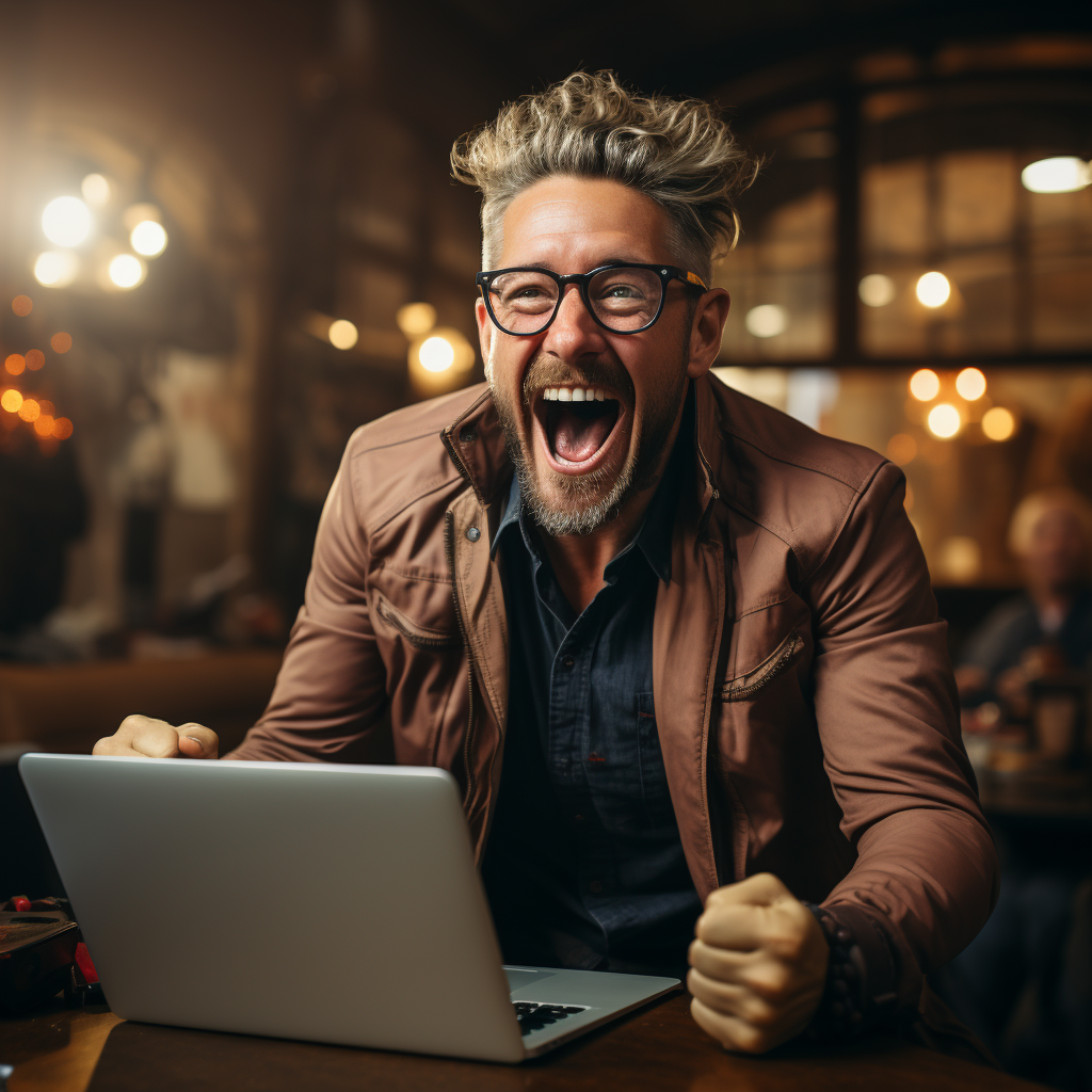 Cheering man with laptop at home