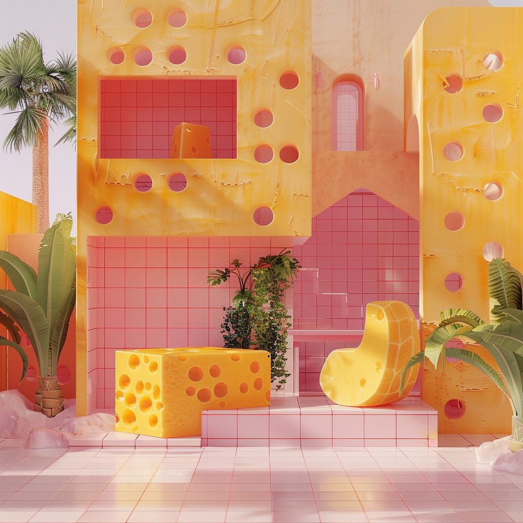 Cheese house with orange and pink background