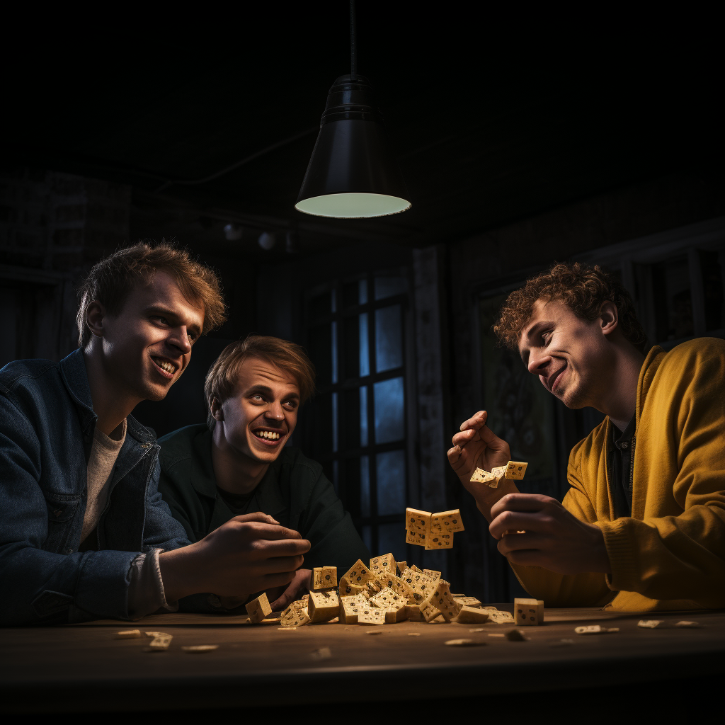 Caucasian college males playing cheese poker game