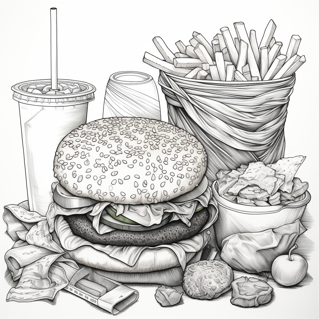 Cheeseburger and fries coloring page