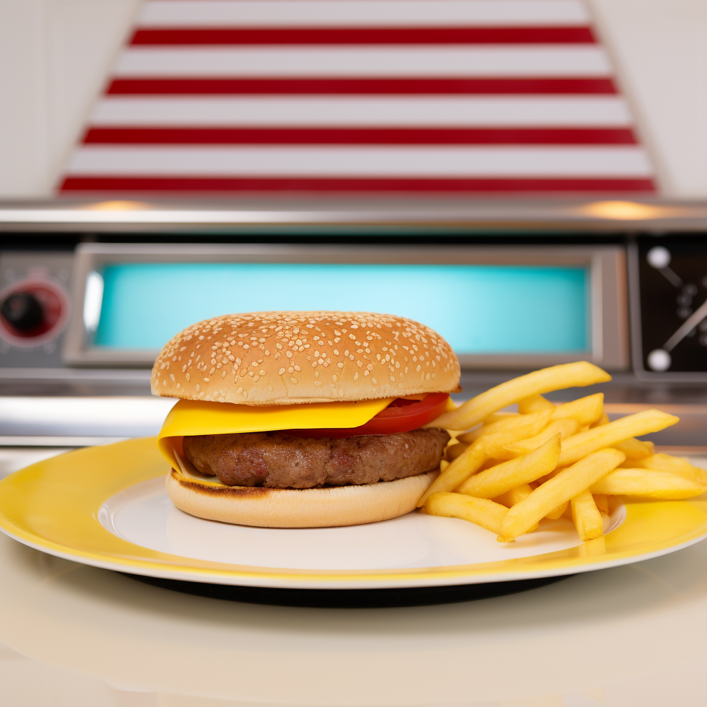 Savory cheeseburger and fries on scale