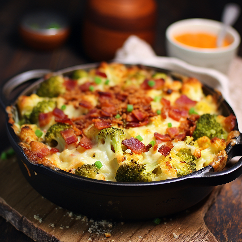 Tasty cheesy cauliflower casserole with broccoli and bacon