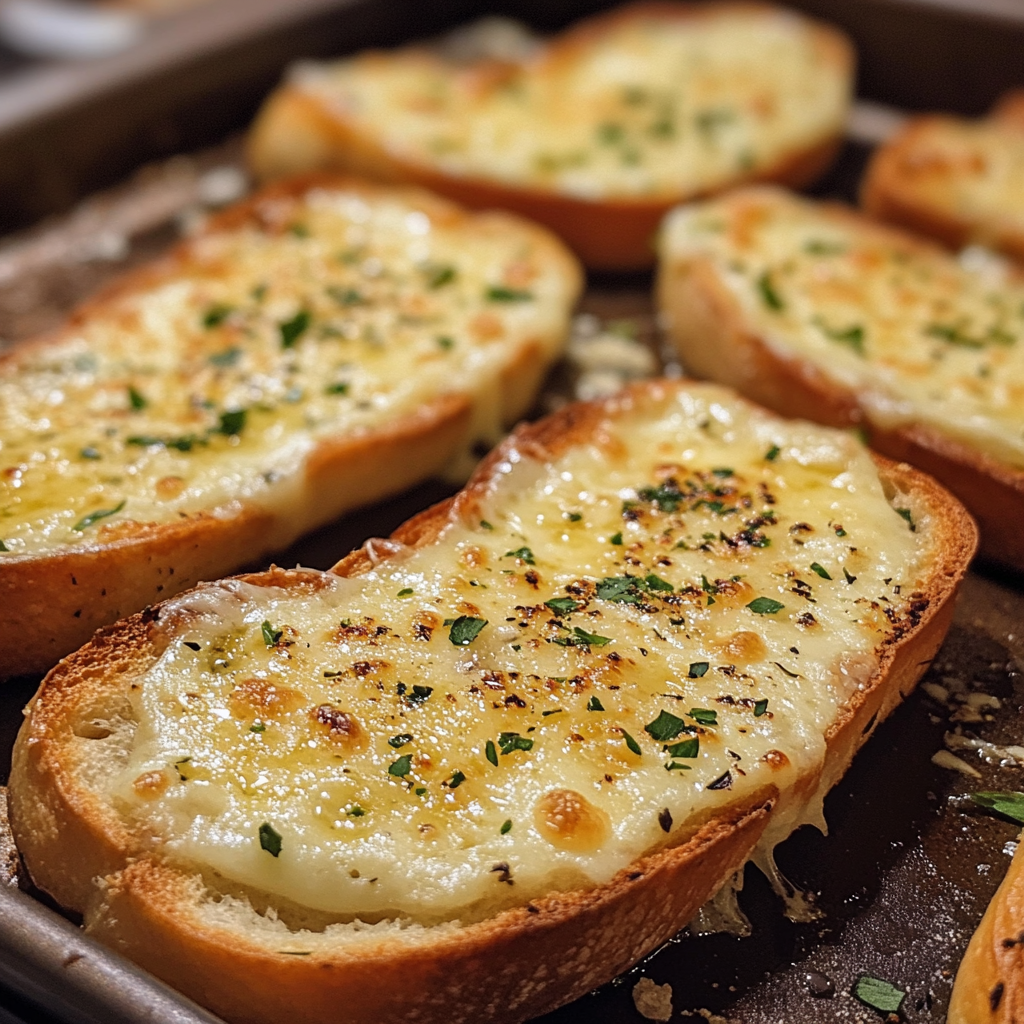 Cheesy garlic bread close up