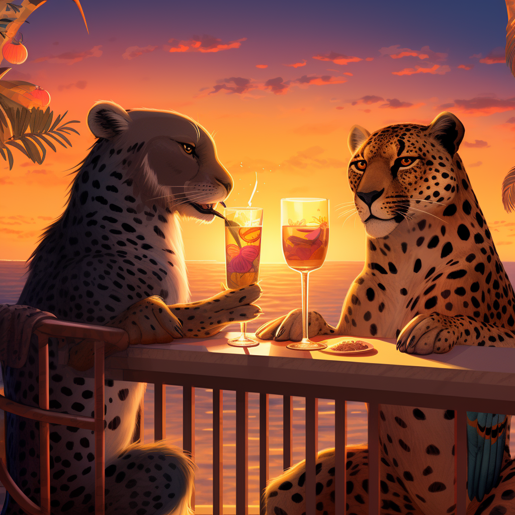 Cheetah and Toucan enjoying sunset at rooftop bar