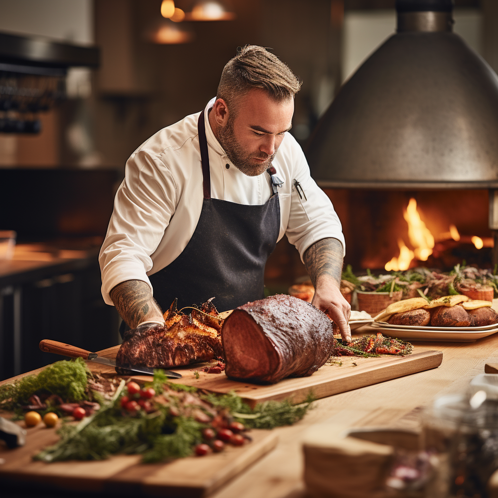 Chef de Partie cooking prime rib in open kitchen