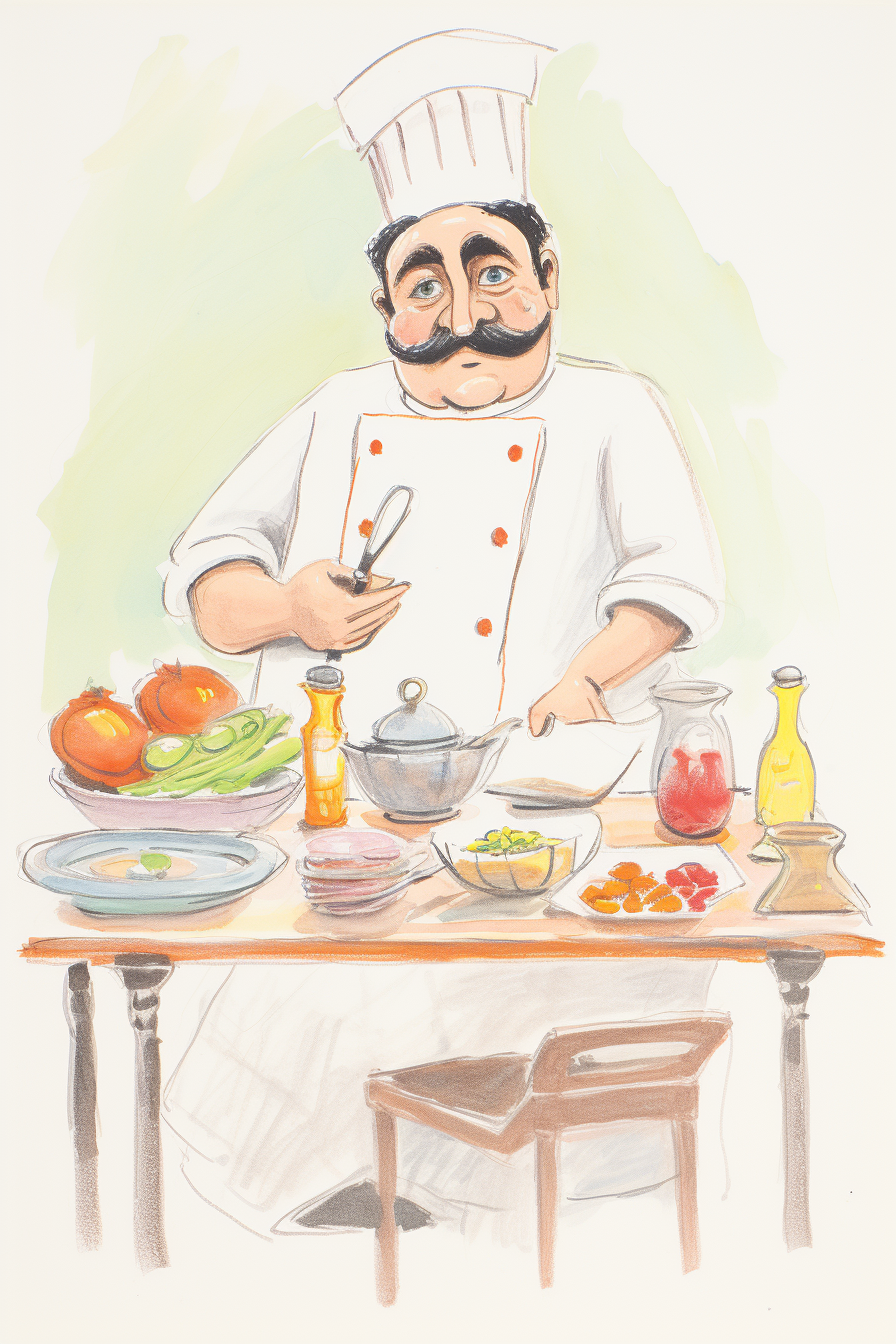 Illustration of a chef with bowls on a white table