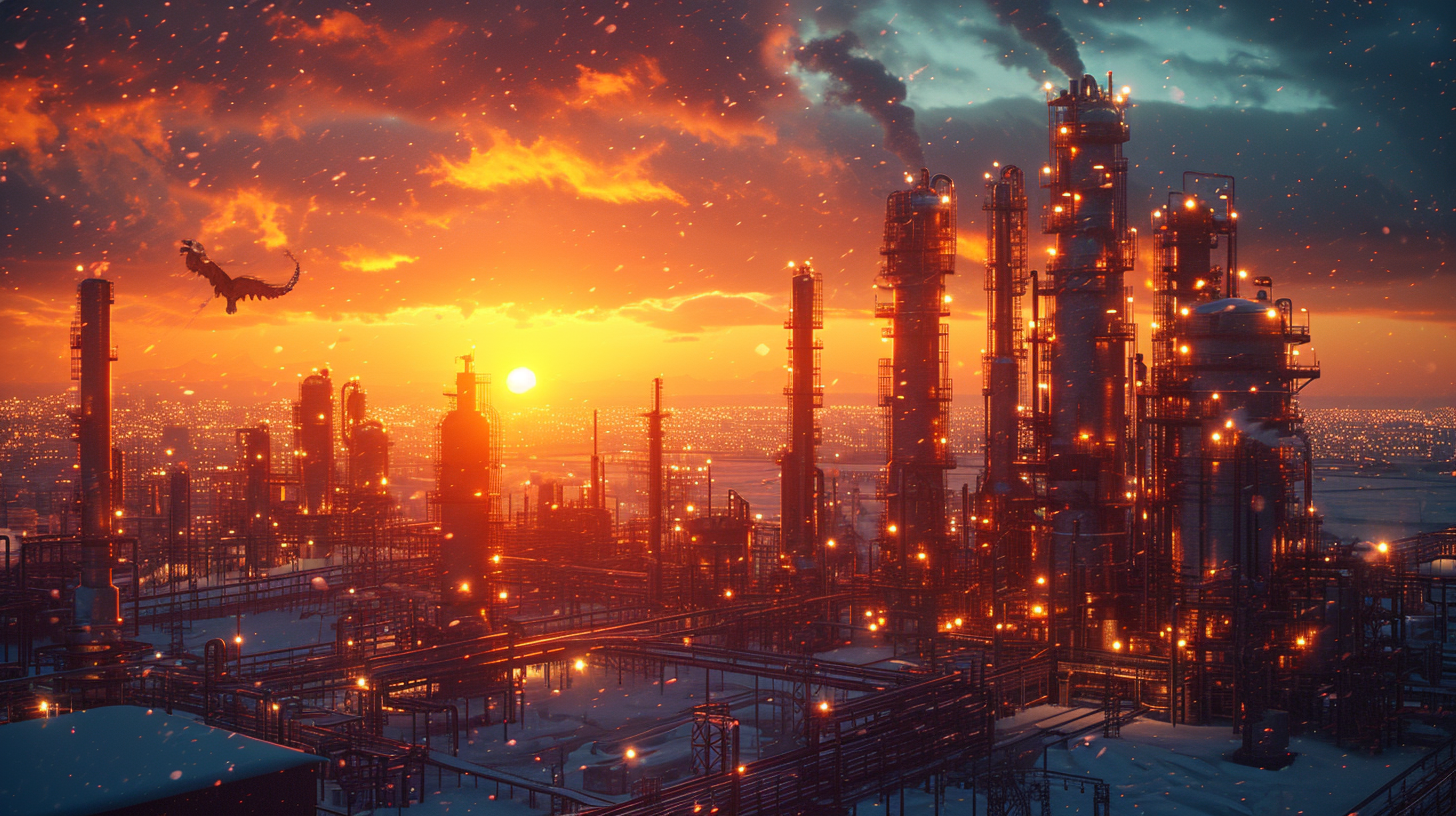 Aerial view chemical plant snowing sunset with dragon