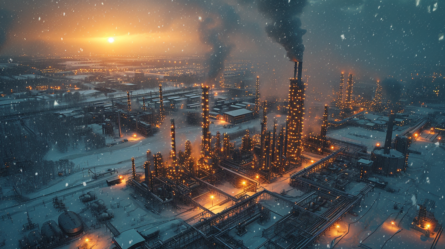 Chemical plant with snowing sunset and dragon