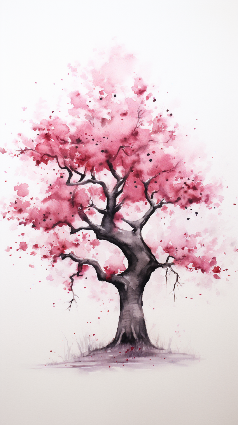 Watercolour cherry blossom tree on white background