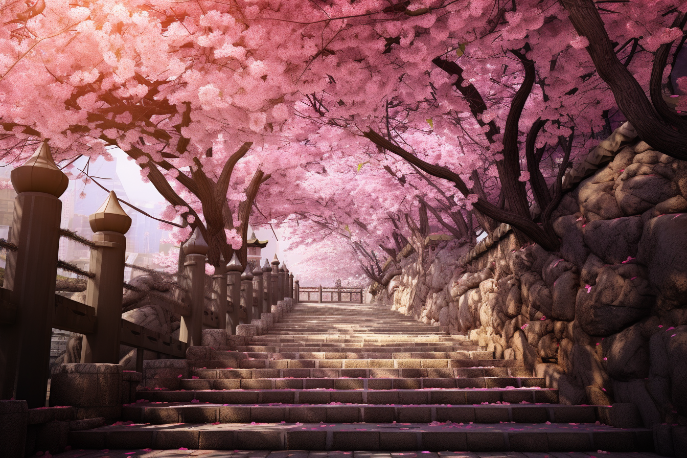 Japanese cherry blossom trees on garden path