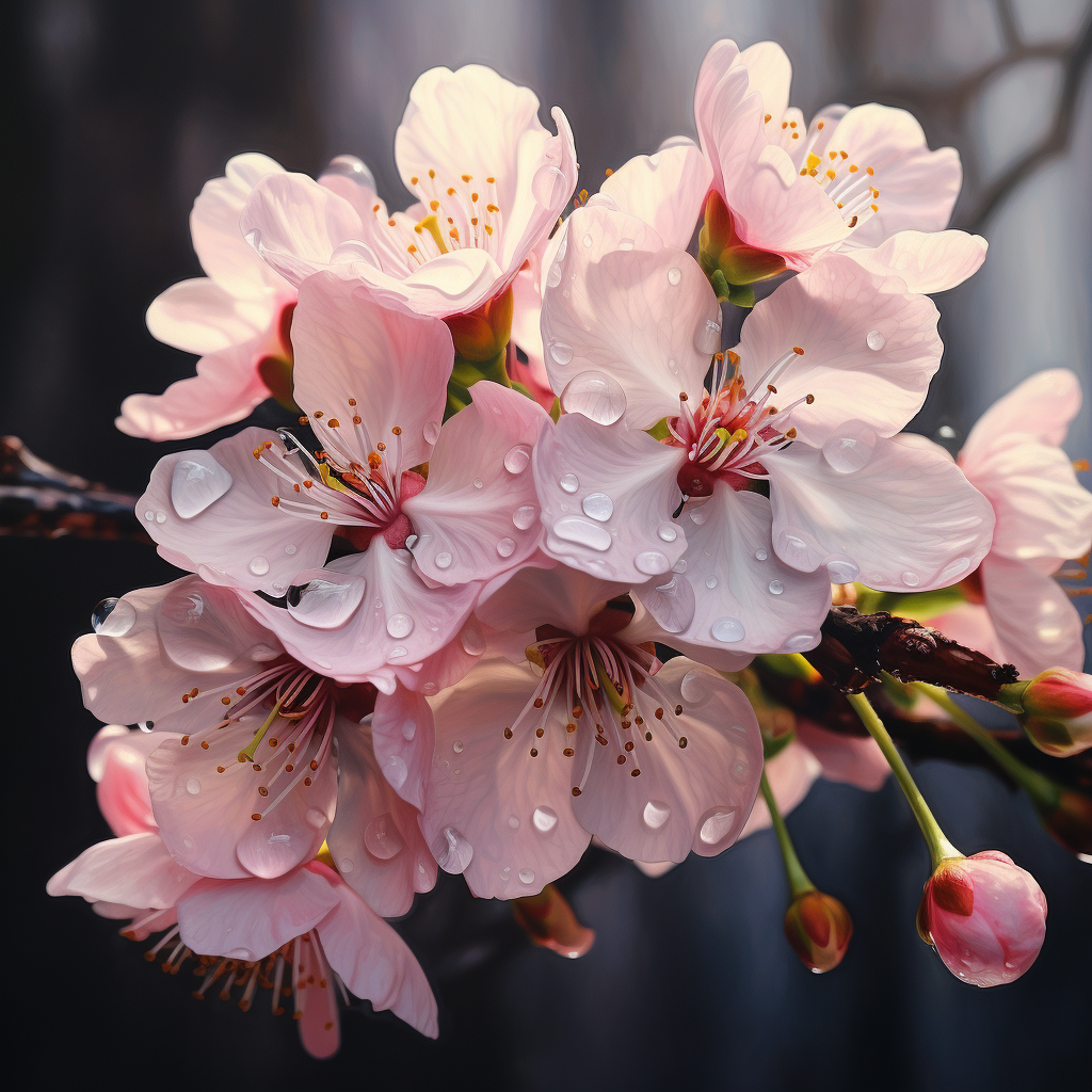 Beautiful cherry blossoms illuminated by light